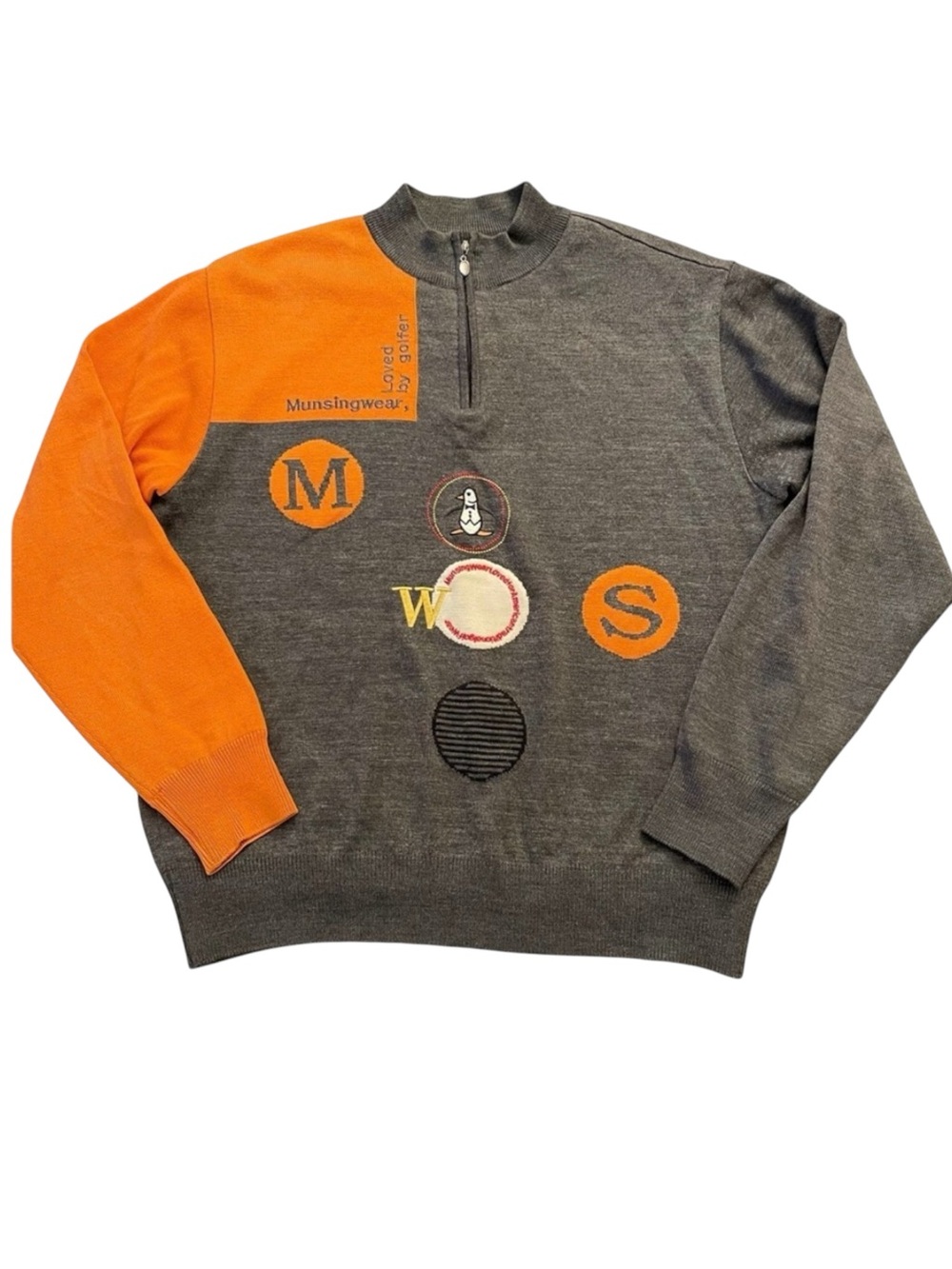 Vintage Munsingwear Grand Slam Grey/Orange Fine Knit Lined 1/4 Zip Sweater (L)